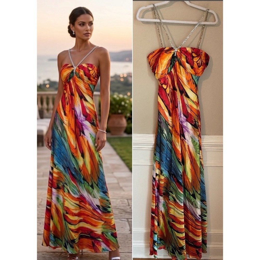 B. Darlin Size 7/8 Rhinestone Strap Abstract Butterfly Wing Maxi Dress Flawed